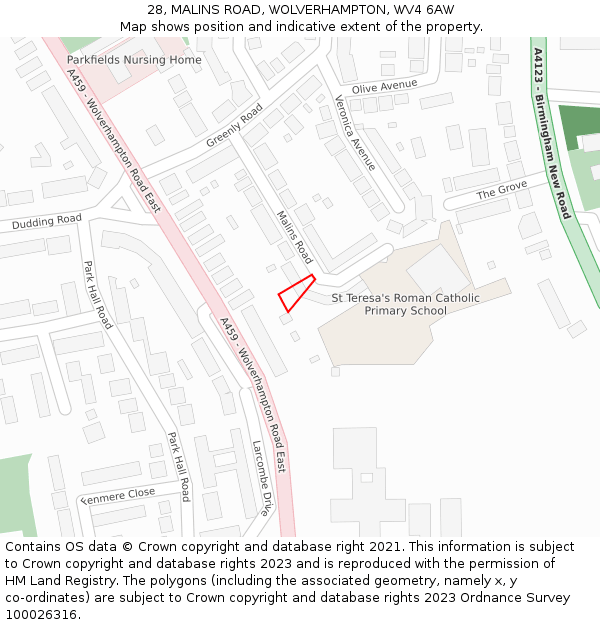 28, MALINS ROAD, WOLVERHAMPTON, WV4 6AW: Location map and indicative extent of plot