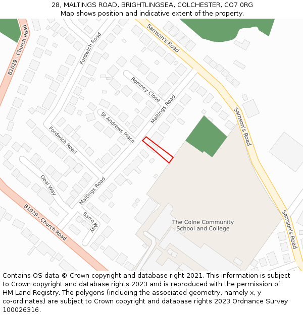 28, MALTINGS ROAD, BRIGHTLINGSEA, COLCHESTER, CO7 0RG: Location map and indicative extent of plot