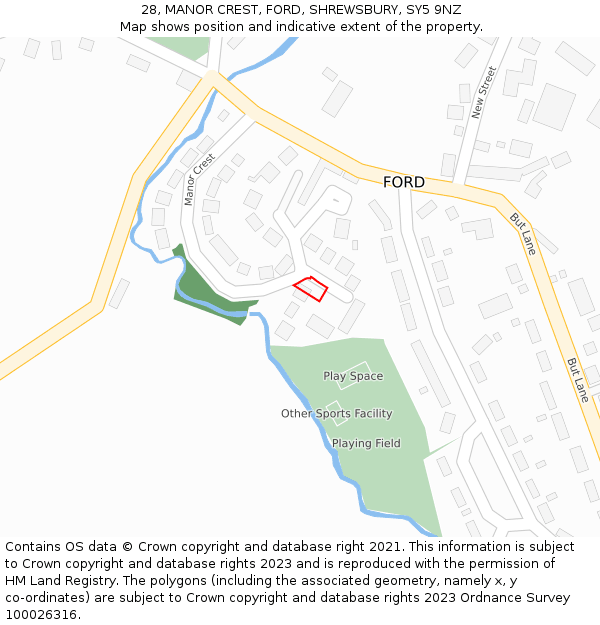 28, MANOR CREST, FORD, SHREWSBURY, SY5 9NZ: Location map and indicative extent of plot