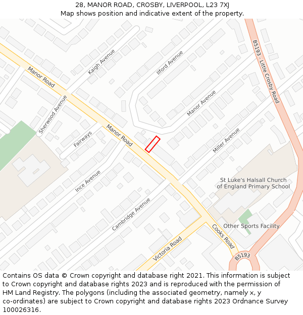 28, MANOR ROAD, CROSBY, LIVERPOOL, L23 7XJ: Location map and indicative extent of plot