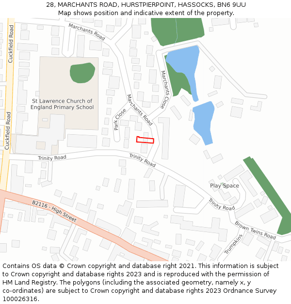 28, MARCHANTS ROAD, HURSTPIERPOINT, HASSOCKS, BN6 9UU: Location map and indicative extent of plot
