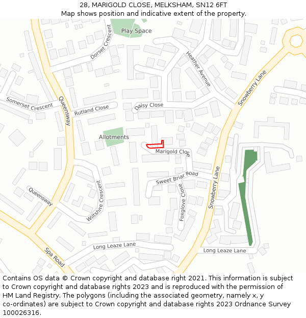 28, MARIGOLD CLOSE, MELKSHAM, SN12 6FT: Location map and indicative extent of plot