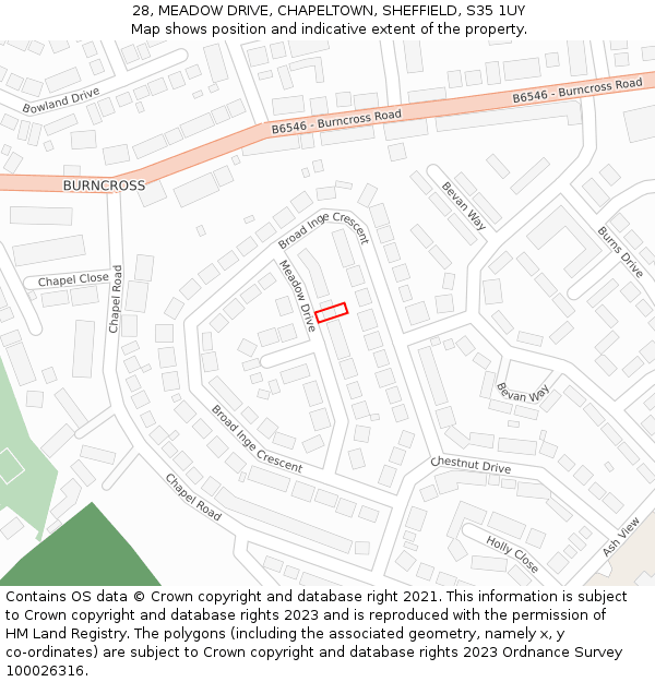 28, MEADOW DRIVE, CHAPELTOWN, SHEFFIELD, S35 1UY: Location map and indicative extent of plot