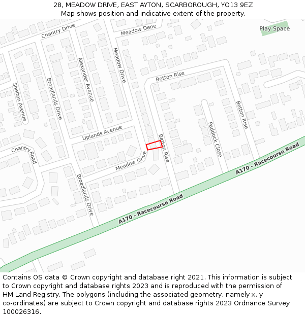 28, MEADOW DRIVE, EAST AYTON, SCARBOROUGH, YO13 9EZ: Location map and indicative extent of plot