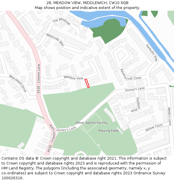 28, MEADOW VIEW, MIDDLEWICH, CW10 9QB: Location map and indicative extent of plot