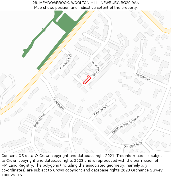 28, MEADOWBROOK, WOOLTON HILL, NEWBURY, RG20 9AN: Location map and indicative extent of plot
