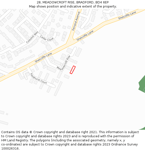 28, MEADOWCROFT RISE, BRADFORD, BD4 6EP: Location map and indicative extent of plot