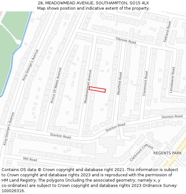 28, MEADOWMEAD AVENUE, SOUTHAMPTON, SO15 4LX: Location map and indicative extent of plot