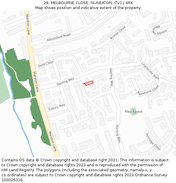 28, MELBOURNE CLOSE, NUNEATON, CV11 4RX: Location map and indicative extent of plot