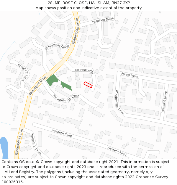28, MELROSE CLOSE, HAILSHAM, BN27 3XP: Location map and indicative extent of plot