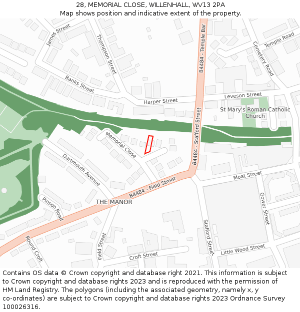 28, MEMORIAL CLOSE, WILLENHALL, WV13 2PA: Location map and indicative extent of plot