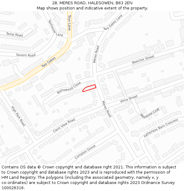 28, MERES ROAD, HALESOWEN, B63 2EN: Location map and indicative extent of plot
