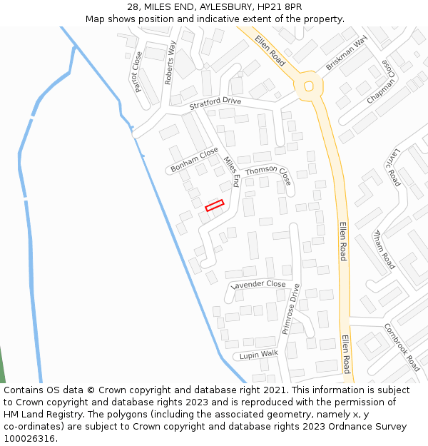 28, MILES END, AYLESBURY, HP21 8PR: Location map and indicative extent of plot