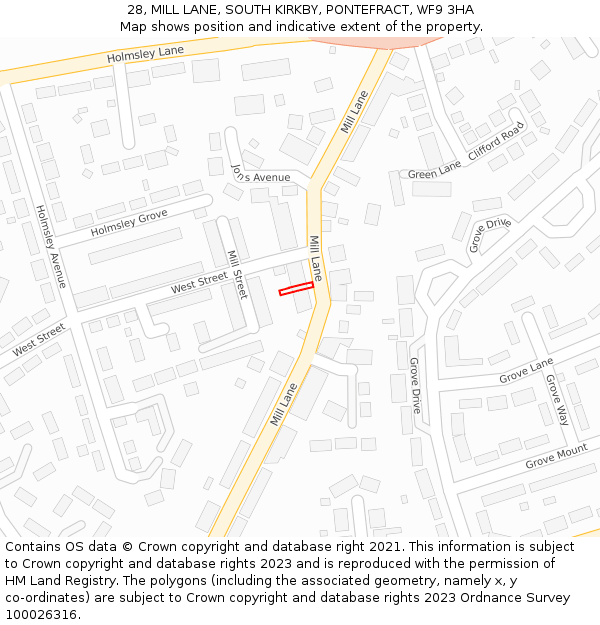 28, MILL LANE, SOUTH KIRKBY, PONTEFRACT, WF9 3HA: Location map and indicative extent of plot