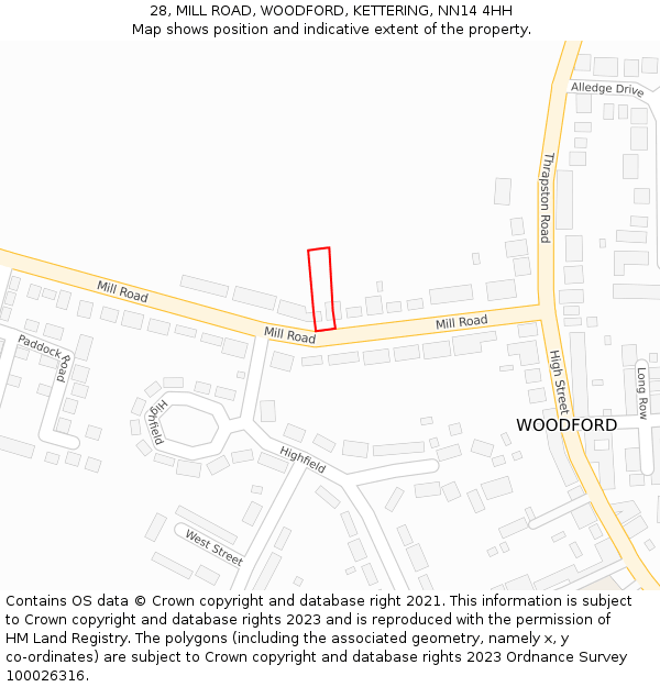 28, MILL ROAD, WOODFORD, KETTERING, NN14 4HH: Location map and indicative extent of plot