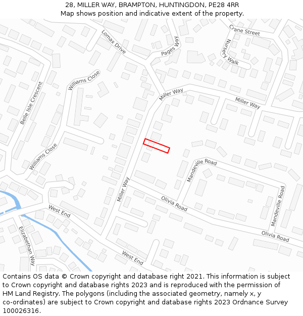 28, MILLER WAY, BRAMPTON, HUNTINGDON, PE28 4RR: Location map and indicative extent of plot