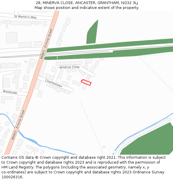 28, MINERVA CLOSE, ANCASTER, GRANTHAM, NG32 3LJ: Location map and indicative extent of plot