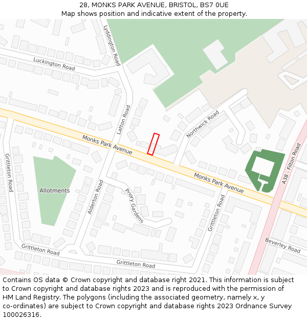 28, MONKS PARK AVENUE, BRISTOL, BS7 0UE: Location map and indicative extent of plot