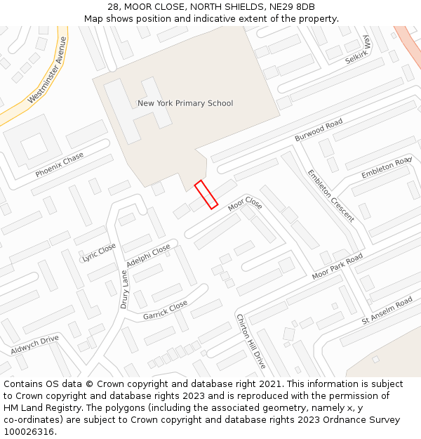 28, MOOR CLOSE, NORTH SHIELDS, NE29 8DB: Location map and indicative extent of plot