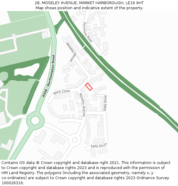 28, MOSELEY AVENUE, MARKET HARBOROUGH, LE16 9HT: Location map and indicative extent of plot