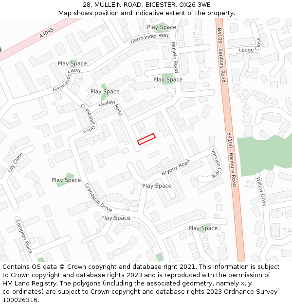 28, MULLEIN ROAD, BICESTER, OX26 3WE: Location map and indicative extent of plot