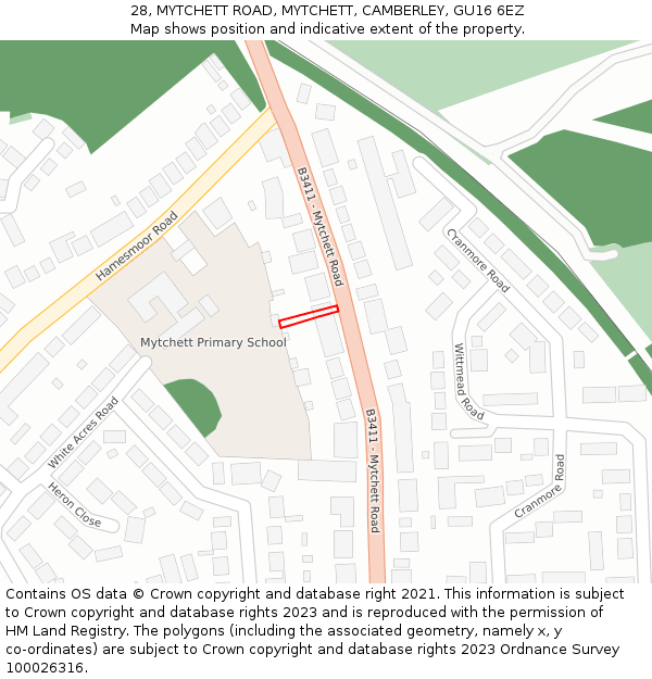 28, MYTCHETT ROAD, MYTCHETT, CAMBERLEY, GU16 6EZ: Location map and indicative extent of plot
