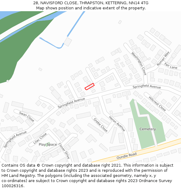 28, NAVISFORD CLOSE, THRAPSTON, KETTERING, NN14 4TG: Location map and indicative extent of plot