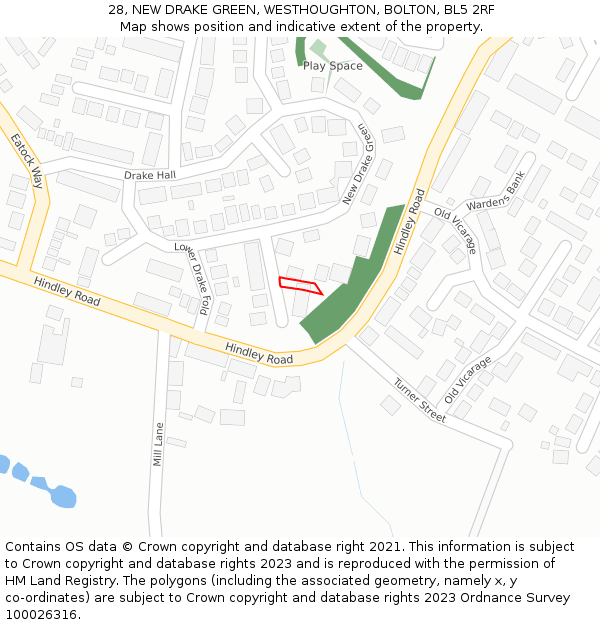 28, NEW DRAKE GREEN, WESTHOUGHTON, BOLTON, BL5 2RF: Location map and indicative extent of plot