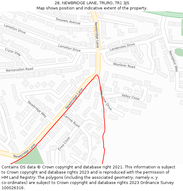 28, NEWBRIDGE LANE, TRURO, TR1 3JS: Location map and indicative extent of plot