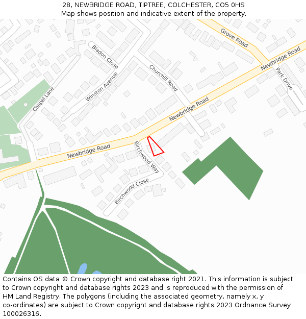 28, NEWBRIDGE ROAD, TIPTREE, COLCHESTER, CO5 0HS: Location map and indicative extent of plot