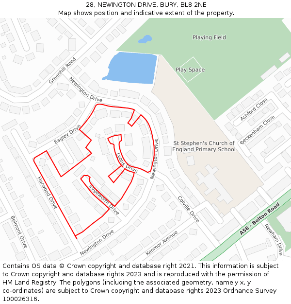 28, NEWINGTON DRIVE, BURY, BL8 2NE: Location map and indicative extent of plot