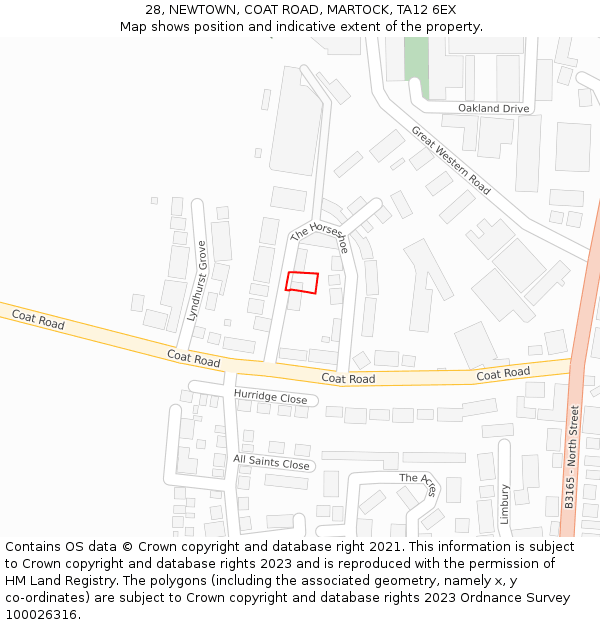 28, NEWTOWN, COAT ROAD, MARTOCK, TA12 6EX: Location map and indicative extent of plot