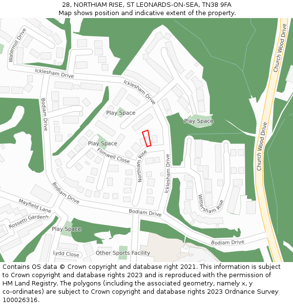 28, NORTHIAM RISE, ST LEONARDS-ON-SEA, TN38 9FA: Location map and indicative extent of plot
