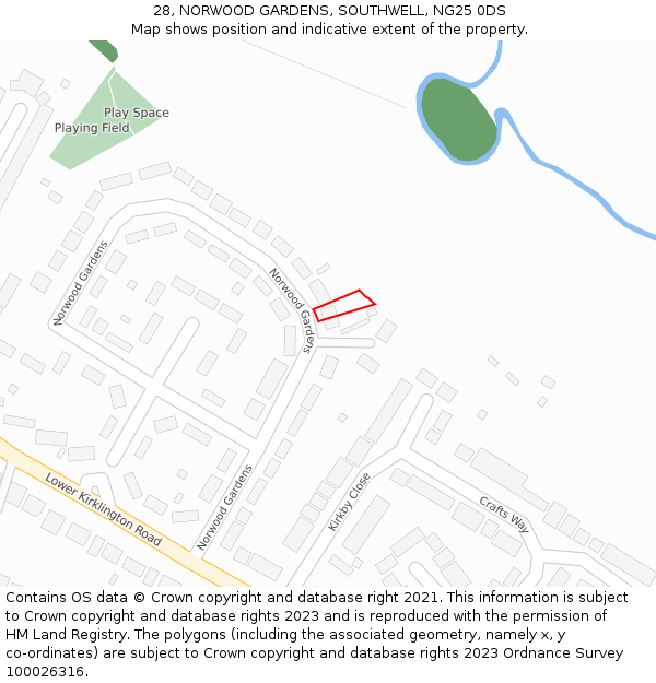 28, NORWOOD GARDENS, SOUTHWELL, NG25 0DS: Location map and indicative extent of plot