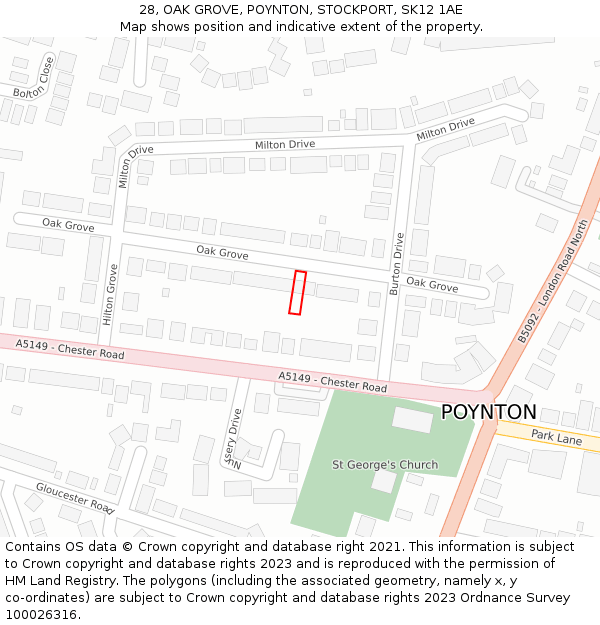 28, OAK GROVE, POYNTON, STOCKPORT, SK12 1AE: Location map and indicative extent of plot