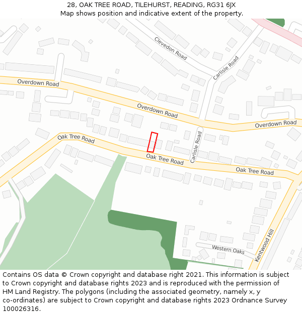 28, OAK TREE ROAD, TILEHURST, READING, RG31 6JX: Location map and indicative extent of plot