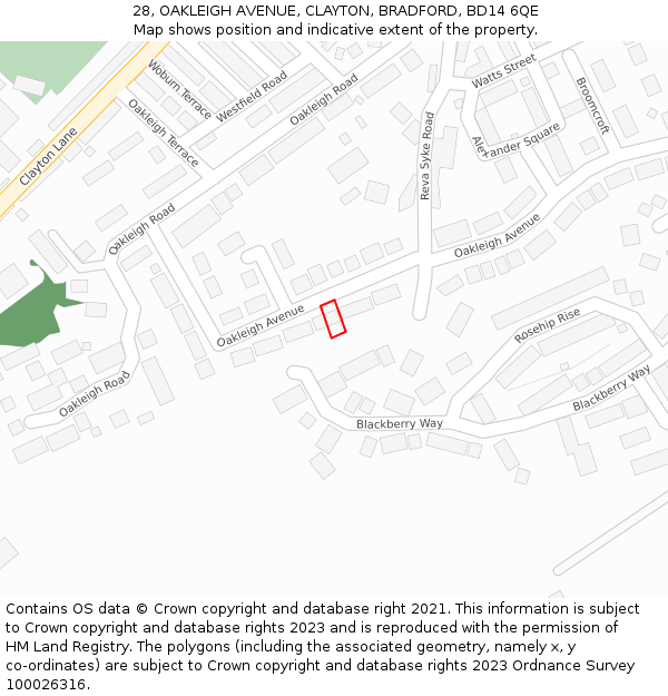 28, OAKLEIGH AVENUE, CLAYTON, BRADFORD, BD14 6QE: Location map and indicative extent of plot