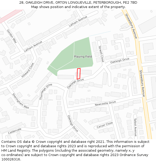 28, OAKLEIGH DRIVE, ORTON LONGUEVILLE, PETERBOROUGH, PE2 7BD: Location map and indicative extent of plot