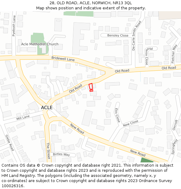 28, OLD ROAD, ACLE, NORWICH, NR13 3QL: Location map and indicative extent of plot