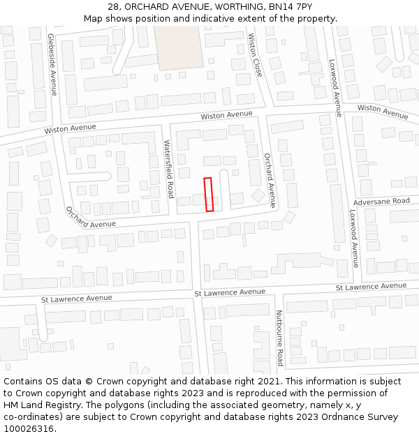 28, ORCHARD AVENUE, WORTHING, BN14 7PY: Location map and indicative extent of plot