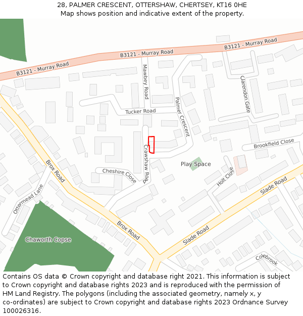 28, PALMER CRESCENT, OTTERSHAW, CHERTSEY, KT16 0HE: Location map and indicative extent of plot