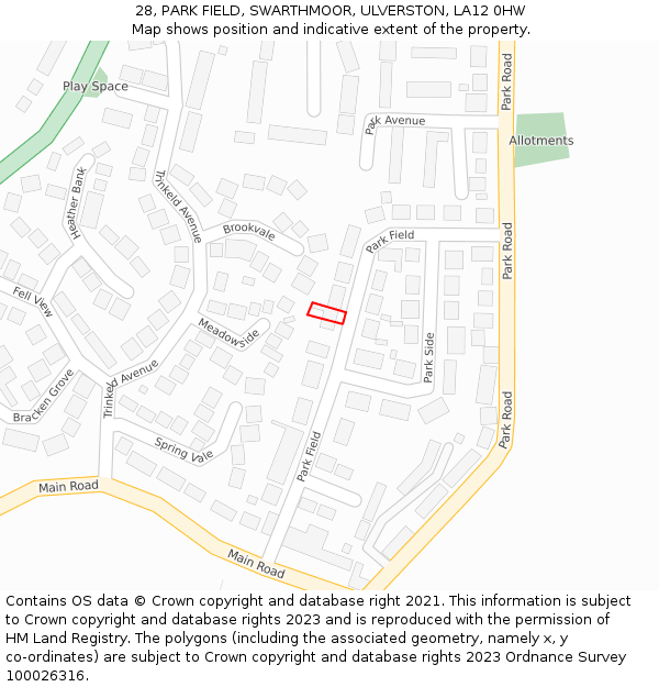 28, PARK FIELD, SWARTHMOOR, ULVERSTON, LA12 0HW: Location map and indicative extent of plot