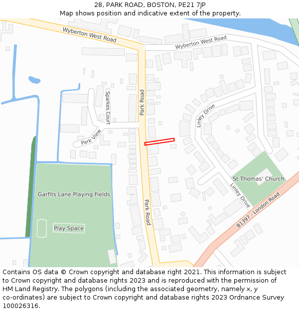 28, PARK ROAD, BOSTON, PE21 7JP: Location map and indicative extent of plot