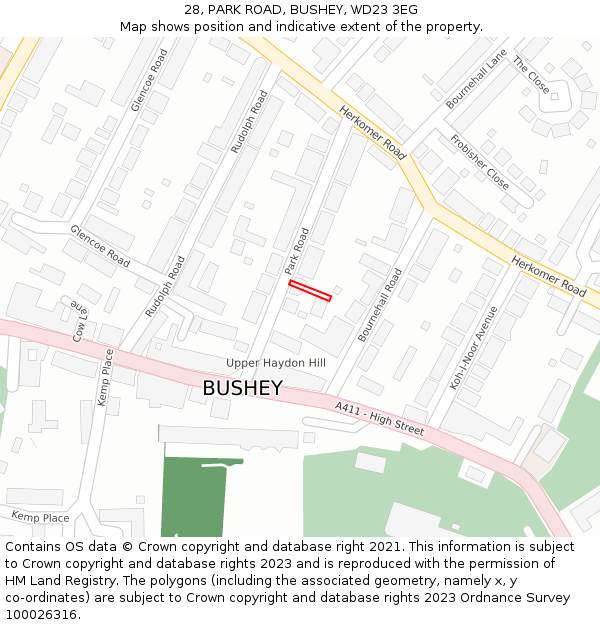 28, PARK ROAD, BUSHEY, WD23 3EG: Location map and indicative extent of plot
