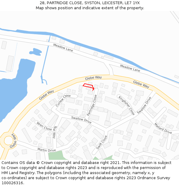 28, PARTRIDGE CLOSE, SYSTON, LEICESTER, LE7 1YX: Location map and indicative extent of plot