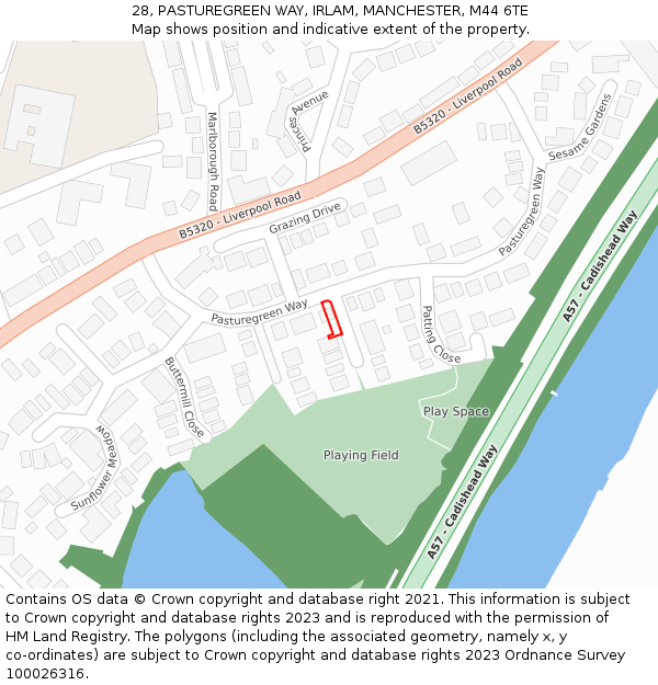 28, PASTUREGREEN WAY, IRLAM, MANCHESTER, M44 6TE: Location map and indicative extent of plot