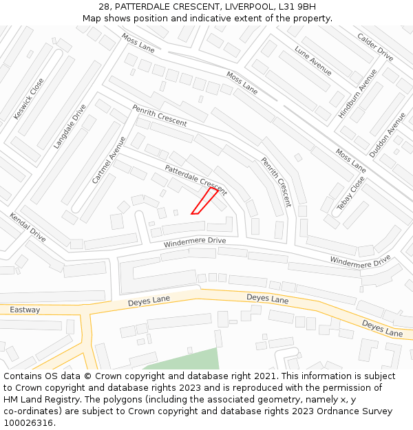28, PATTERDALE CRESCENT, LIVERPOOL, L31 9BH: Location map and indicative extent of plot