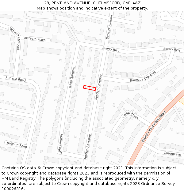 28, PENTLAND AVENUE, CHELMSFORD, CM1 4AZ: Location map and indicative extent of plot