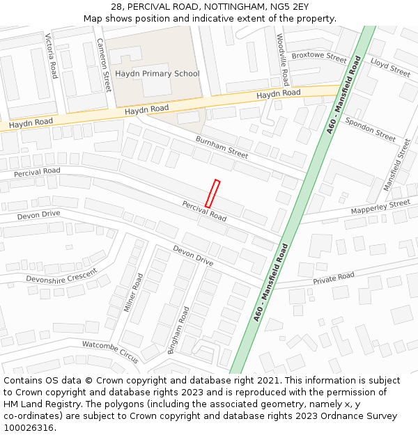 28, PERCIVAL ROAD, NOTTINGHAM, NG5 2EY: Location map and indicative extent of plot
