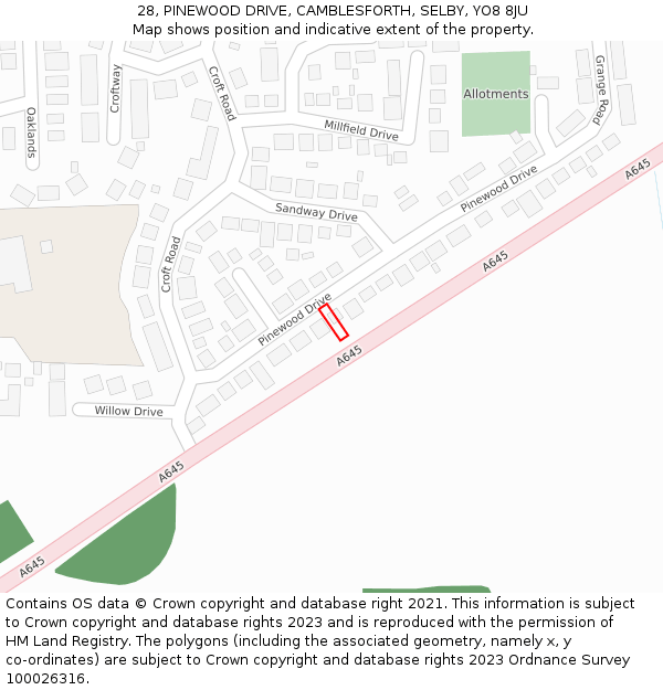 28, PINEWOOD DRIVE, CAMBLESFORTH, SELBY, YO8 8JU: Location map and indicative extent of plot